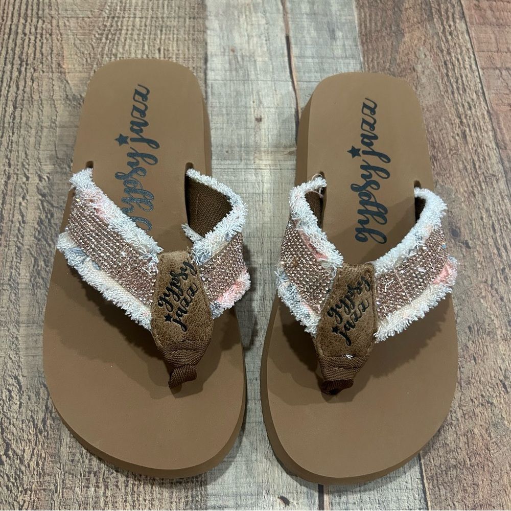 Blissful Steps Women’s Brown and White Fringe Flip Flops